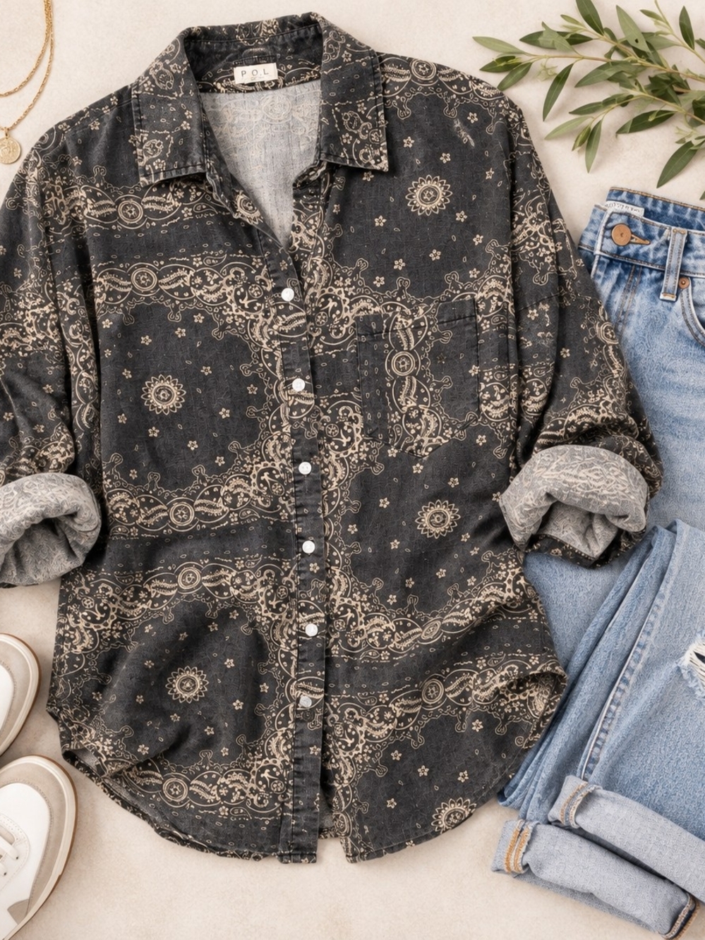 POL Black Button-Up Shirt with Beige Bandana Print